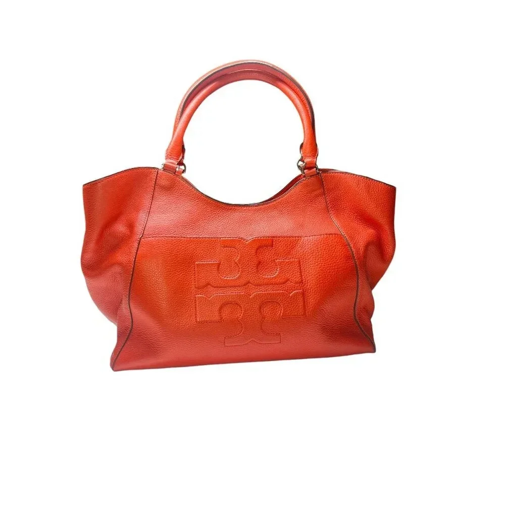 Tory Burch Red Pebble Leather Large Duel Handle Tote Bag